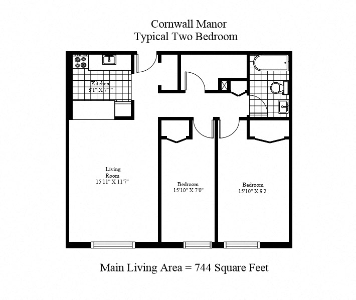 Floor plan for 2 beds, 1 bath, 744 sqft